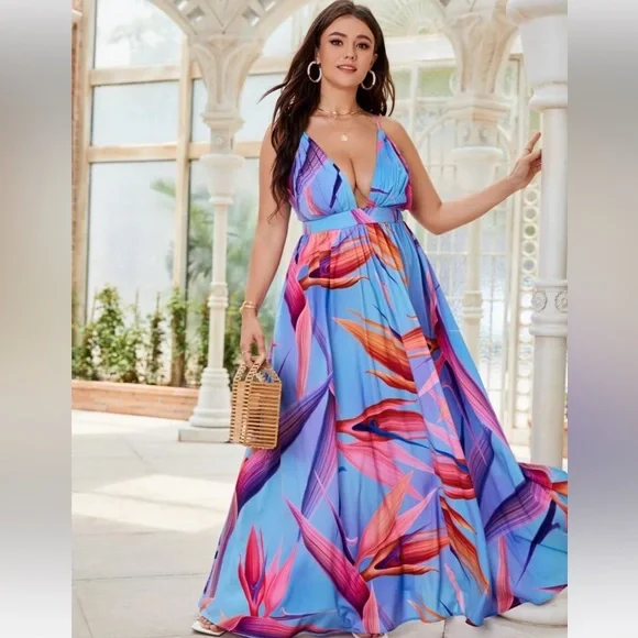 SHEIN | Dresses | Shein Birds Of Paradise Floral Openback Maxi Dress |  Poshmark